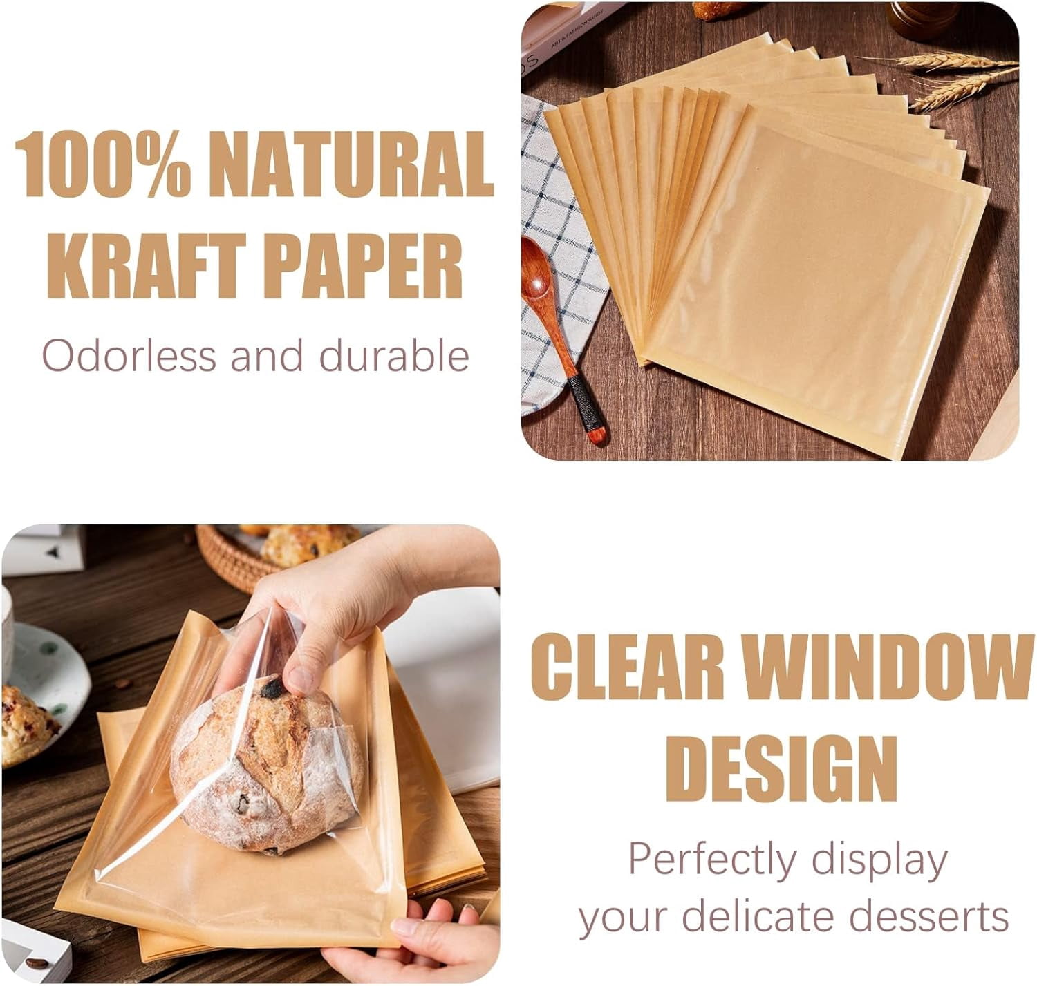 200 Pack Heat Sealable Bakery Bags with Window, Kraft Paper Grease Resistant Bagel Bags To Go Bags for Packaging Cookie, Donut, Pastries and other Treats (7.1 x 7.5 Inch)