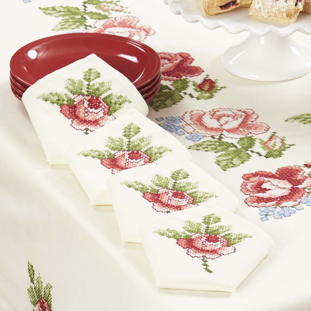 Herrschners® Red Rose Napkins Stamped CrossStitch