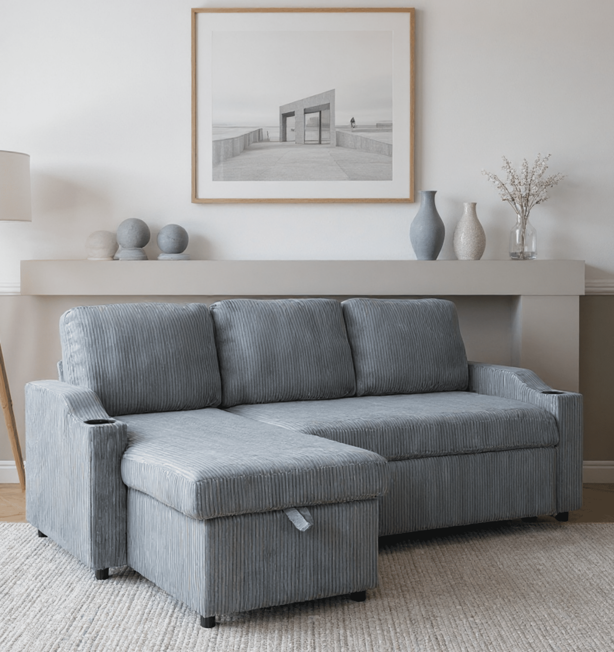 Gewnee Pull Out Sofa Bed,3 In 1 Sleeping and Seating Sofa with Storage Function,with Corduroy Fabric L-shaped Sofa,Suitable for Living Room,Bedroom and Apartment(Gray)