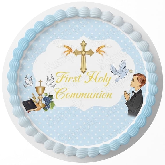 First Holy Communion Boy Edible Image Icing Cake Topper for Quarter Sheet Cake, by TNCT