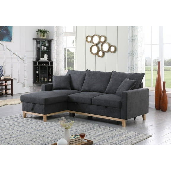 Newboti Colton 84.25" Dark Gray Woven Reversible Sleeper Sectional Sofa with Storage Chaise 199180918768181