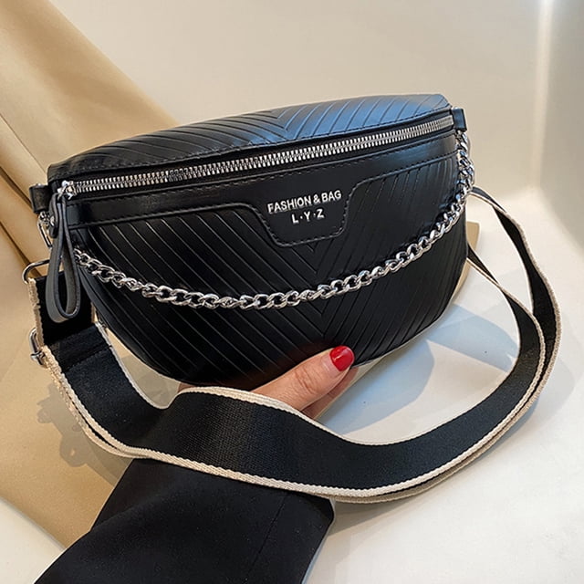 Bolso de viaje para el pecho para mujer, Bolso de la cintura del deporte con cadena a la moda, hilo bordado, sencillo, informal, portátil, de cuero PU, para senderismo al aire libre