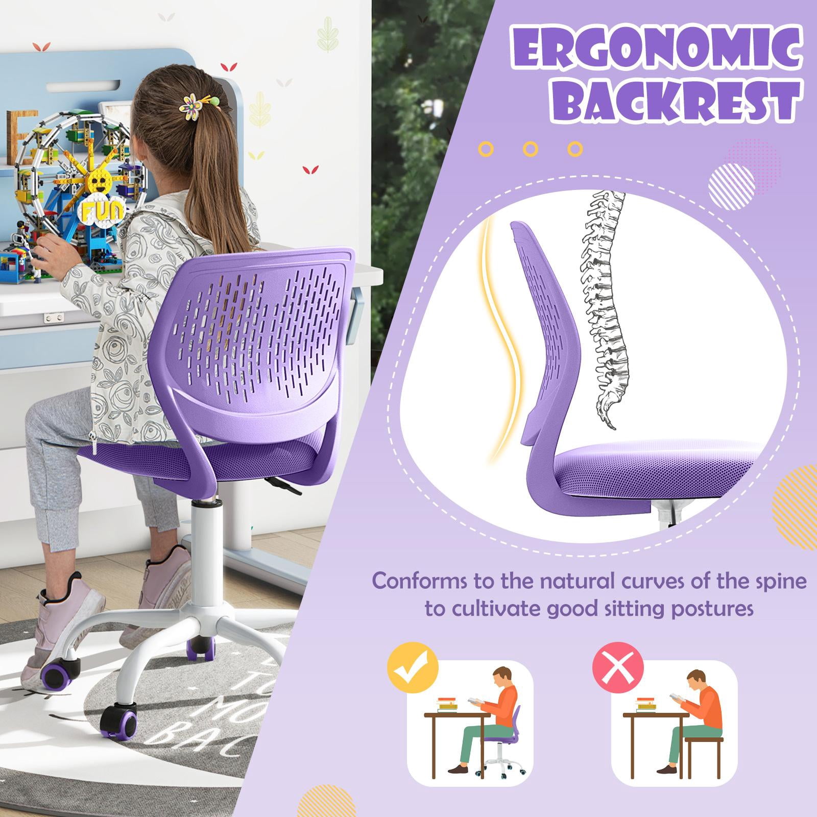 Giantex Kids Desk Chair, Adjustable Swivel Chair for Children, Armless Mesh Task Student Study Chair w/Lumbar Support & Adjustable Height, Rolling Computer Chair, Purple