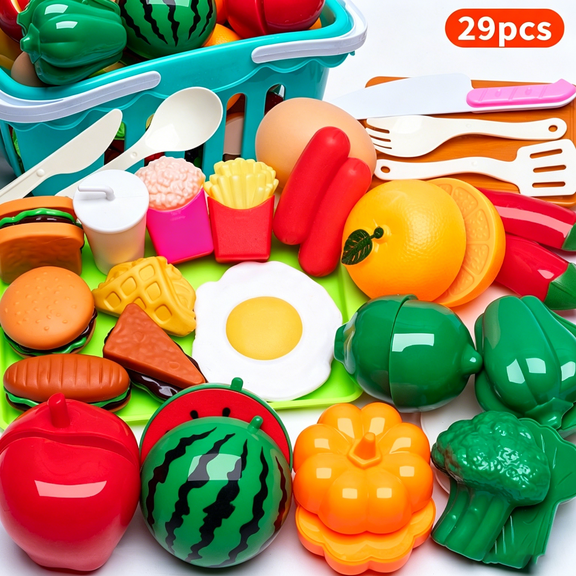 TAETOE 29Pcs Pretend Play Food Set for Toddlers, Cutting Play Food Toys with Storage Basket, Realistic Fake Vegetables & Fruits, Plastic Knife & Cutting Board, Perfect Kids Birthday & Christmas Gifts