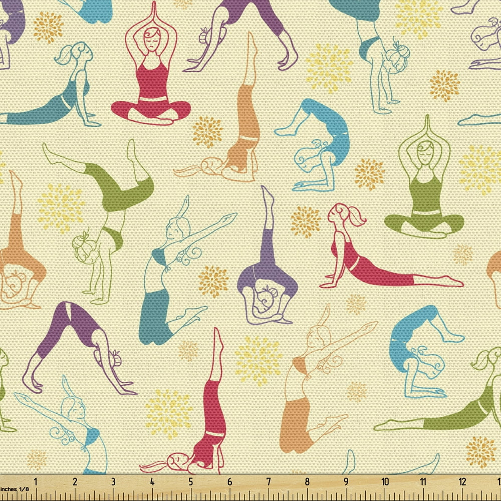 Yoga Fabric by the Yard, Workout Themed Fitness Girls Pattern Abstract Postures Arrangement