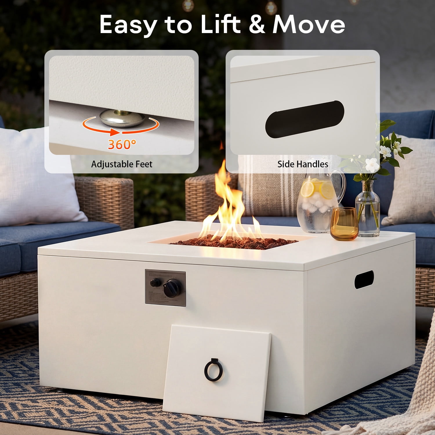 Danrelax 2-Piece 32" Square Propane Fire Pit Table with Tank Holder, 50,000 BTU Outdoor Gas Fire Pit with Lid, Lava Rocks and Weather-Resistant Cover, White