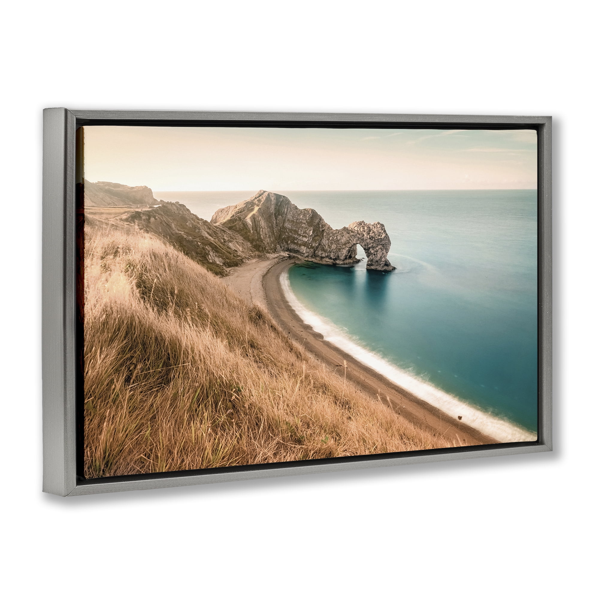 Stupell Industries Beach With Arched Cove Landscape & Nature Photography Gray Floater Framed Canvas Art Print Wall Art, 31 x 21