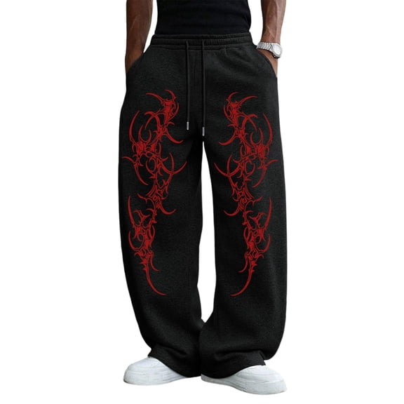 Havenx Mens Gothic Graphic Joggers Elastic Waist Drawstring Sweatpants with Pockets Wide Leg Pant Hip Hop Lounge Athletic Relaxed Fit Clothes,Black L
