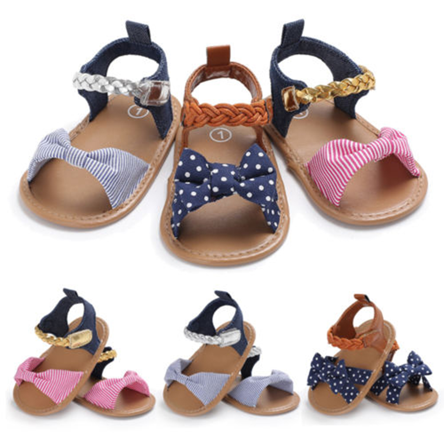 Styles I Love Baby Toddler Girl Bowknot Sandals Soft Sole Anti-slip Crib Shoes Prewalker 0-18M, 5 Colors (Navy + Dots, 6-12 Months) - image 2 of 4