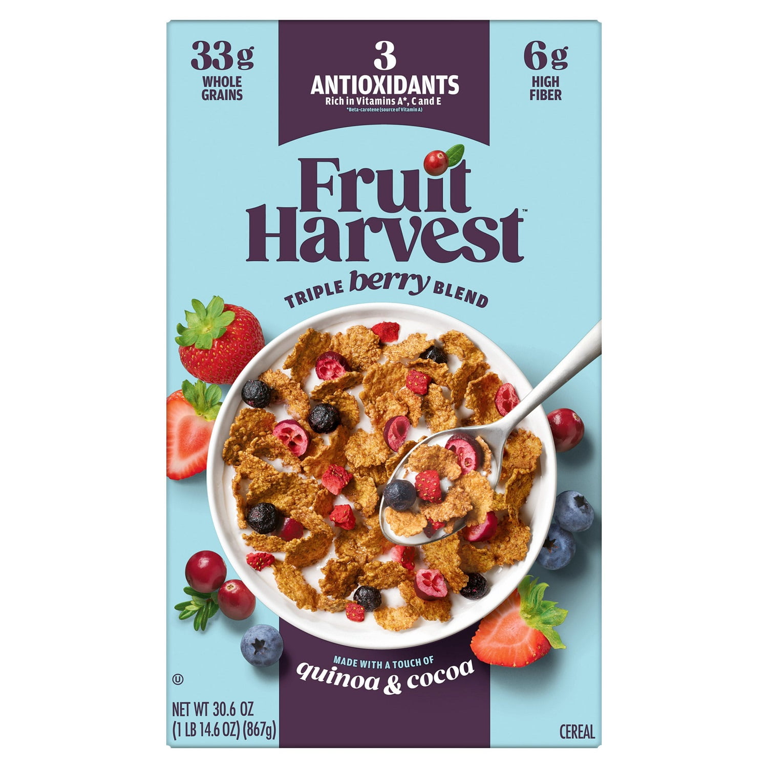 Fruit Harvest Breakfast Cereal Triple Berry Blend, Family Breakfast, 30.6 oz