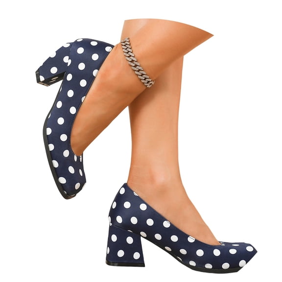 AJGRHE Women's Square Cap Toe Low Block Pumps Comfortable Cute Polka Dot Heels for Women Wedding Party Prom Nightclub On Black White Formal Dress Shoes Navy 38