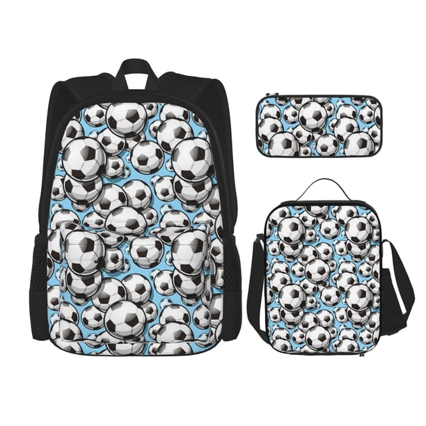 Disketp Football Soccer Ball Mochila Estampada de Gran Capacidad con Lonchera y Estuche, Set de 3 Piezas para Estudiantes