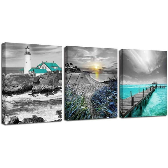 Teal Ocean Canvas Wall Art Summer Seascape Blue Painting Lighthouse Coastal Pictures Turquoise Landscape Artwork Framed for Bedroom Bathroom Living Room Home Office Wall Decor 12"x16"x3 Panels