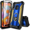 thumbnail image 4 of For Samsung Galaxy A11 Case, with Tempered Glass Screen Protector (Full Coverage), Aluminum Metal Built-in Ring Stand, Full-Body Protective Shockproof Military Bumper Phone Cover (Blue/Gold), 4 of 6