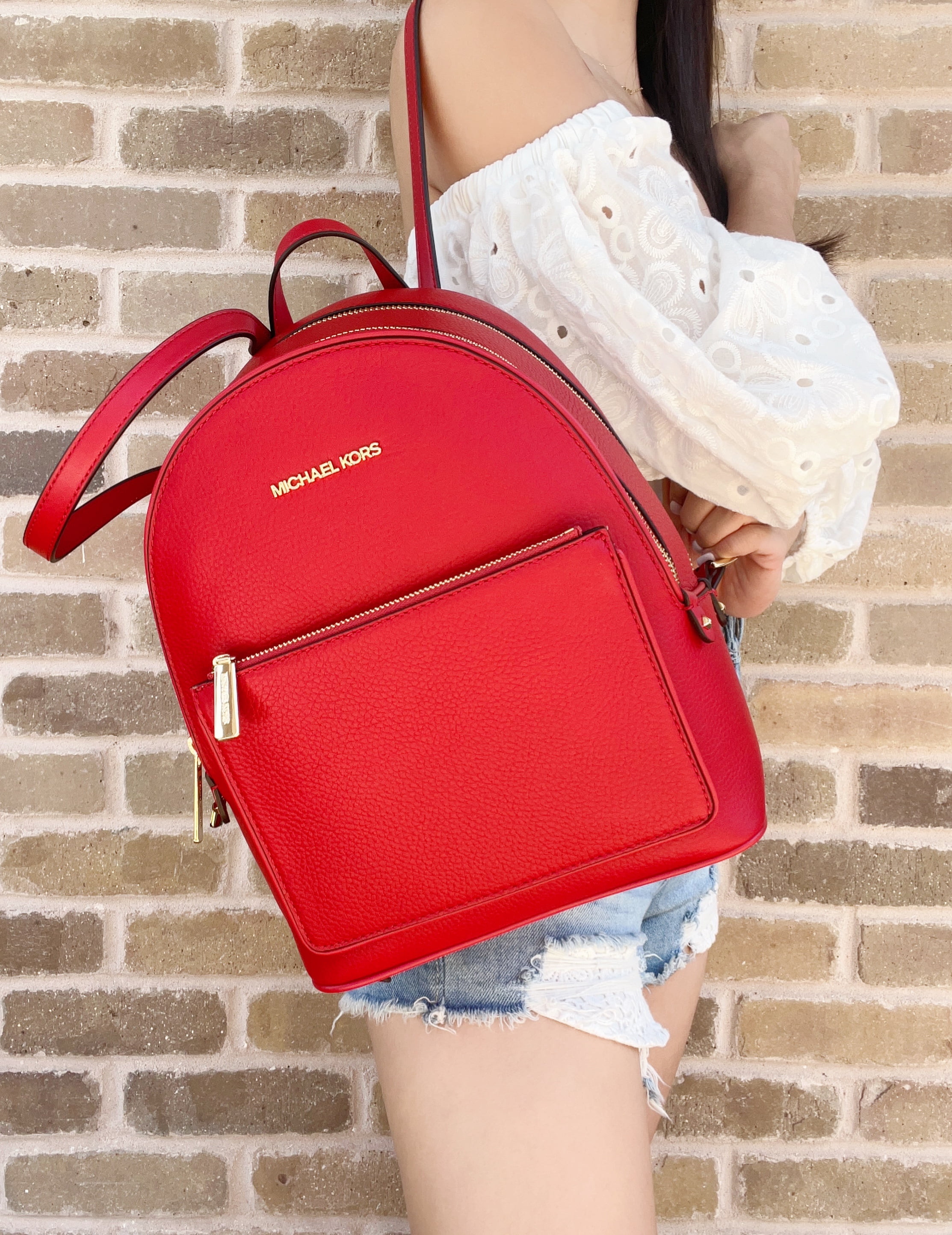 Michael Kors Adina Abbey Medium Backpack Flame Red Pebbled Leather 