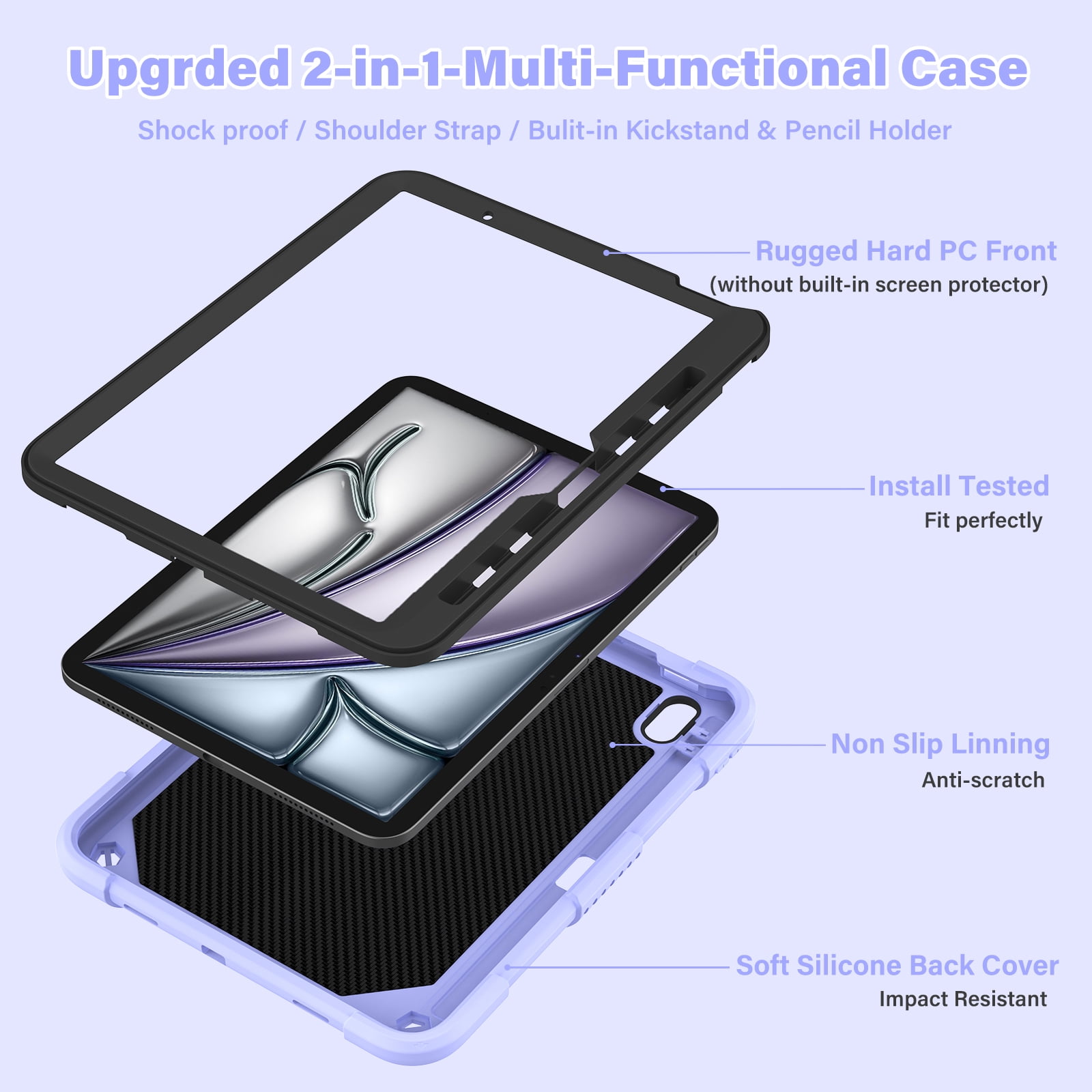 For iPad Air 11 M4 M3 M2 2026 2025 2024 Case, Cute Butterfly Design Heavy Duty Shockproof Shoulder Strap Pencil Holder Kickstand Bumper Kids Friendly Rugged Case for Apple iPad Air 11", Purple