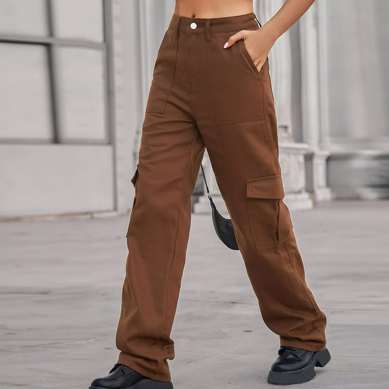 Women's Casual Cargo Pants Multi-Pockets Solid Low Waist Pants Streetwear  Jogger Hippie Punk Trousers Loose Comfy Long Pants(L,Brown)