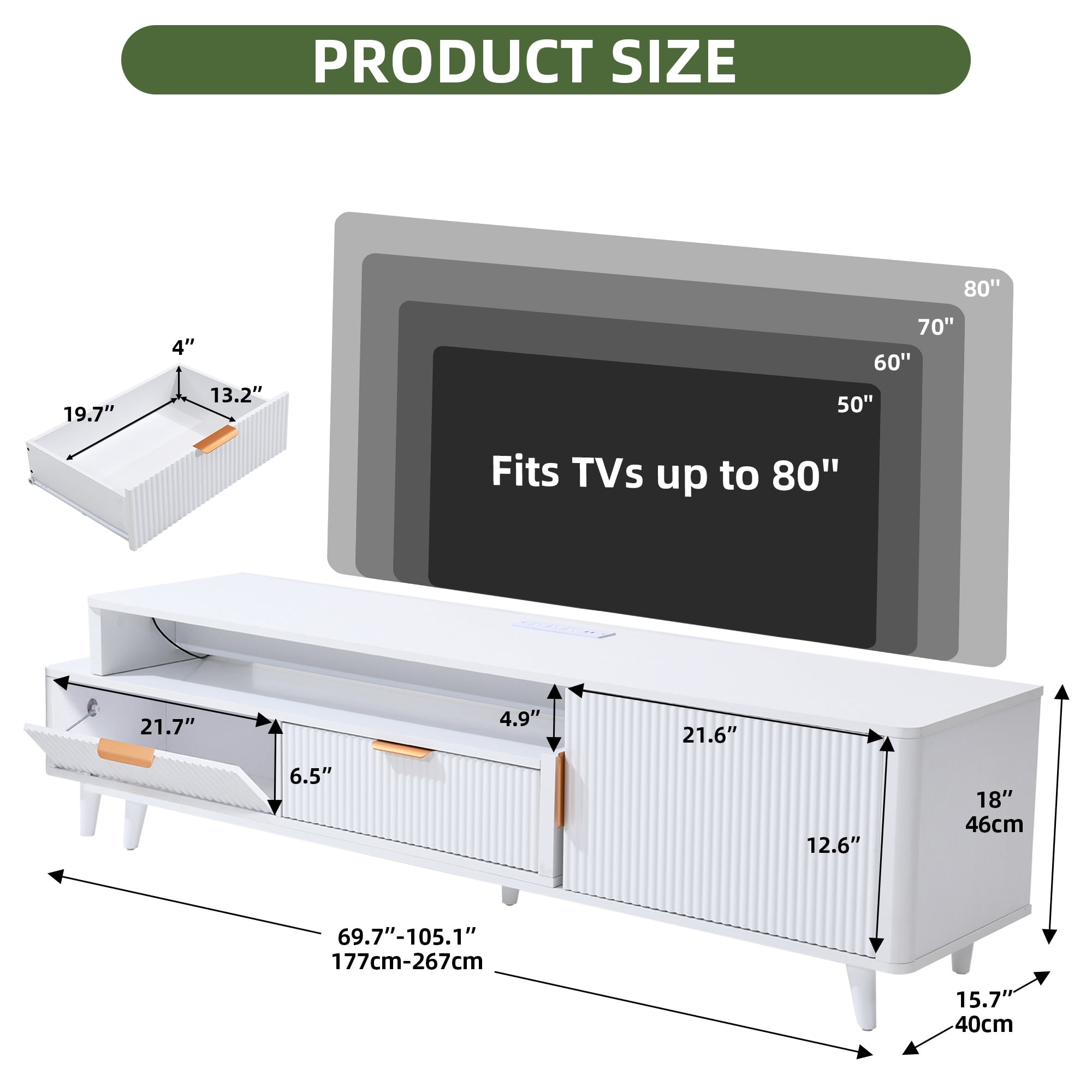 Uforic Extendable TV Stand for 100 Inch TV, Modern Fluted Entertainment Center with LED Light & Power Outlet, Freestanding Media Console with 1 Drawer & 2 Storage Cabinets, White