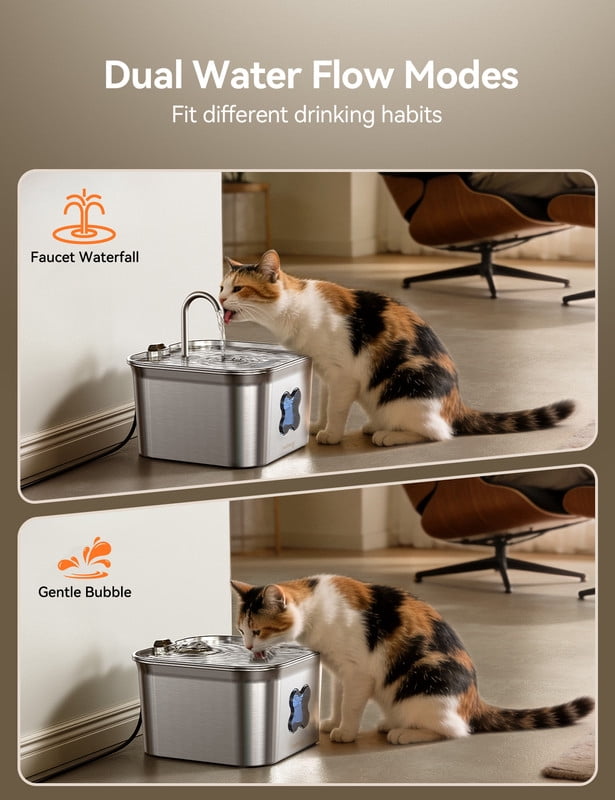 FeelNeedy Cat Water Fountain, 2.8L/95oz Stainless Steel Cat Fountain with Filter, Ultra-quiet Automatic Pet Water Dispenser for Cats Indoor