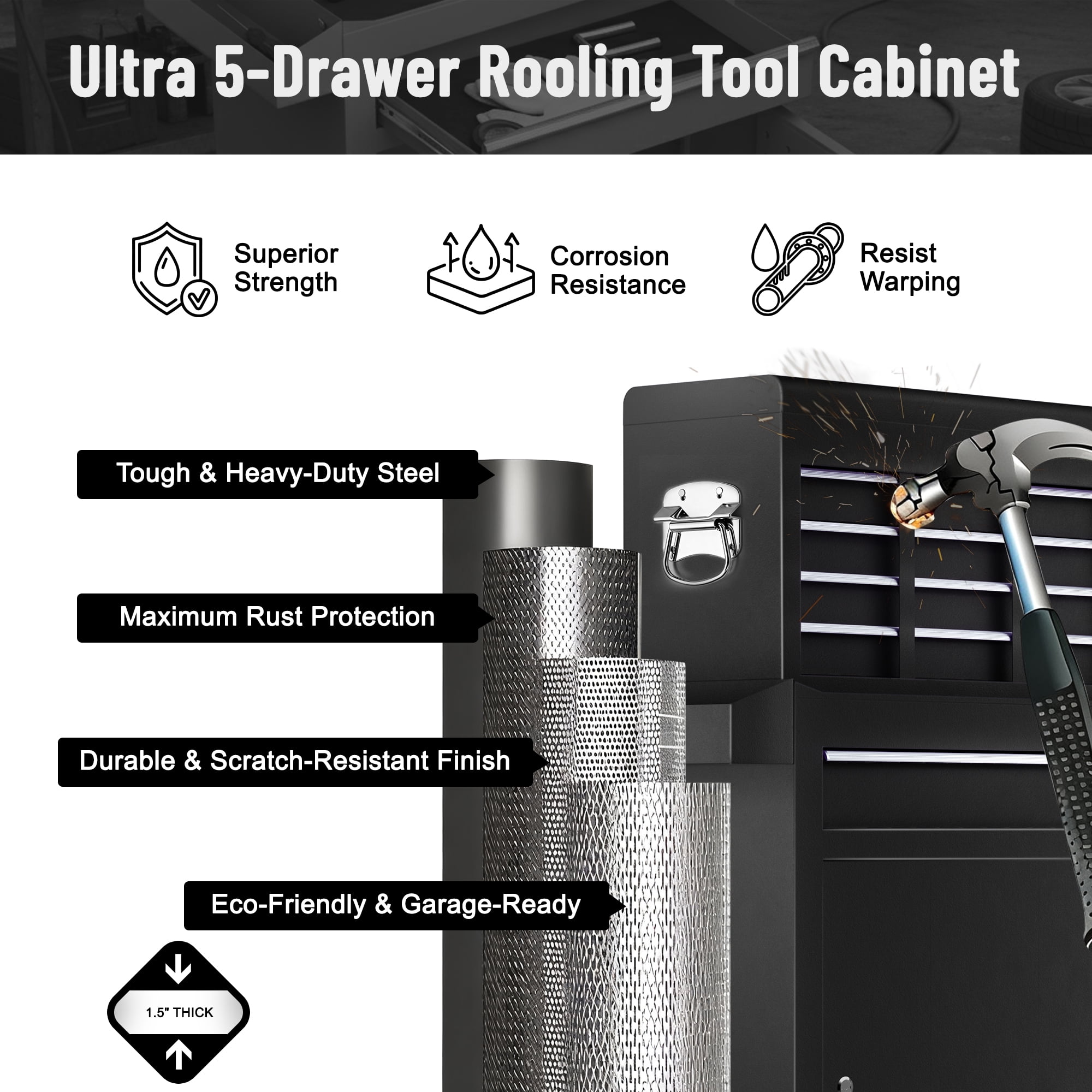 5-Drawer Rolling Tool Chest, Stainless Steel Tool Box with Brake Wheels and 4 Drawers, Black Detachable Tool Cart, Black