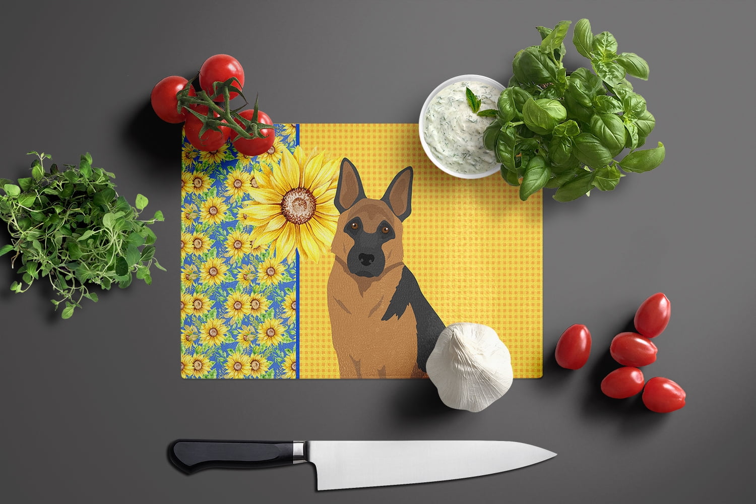Summer Sunflowers Black and Tan German Shepherd Glass Cutting Board Large 12 in x 15 in
