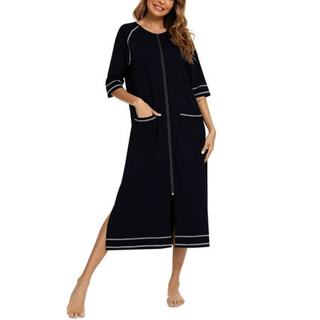 

Capreze Women Leopard Print Sleep Dress Long Coat Zipper Nightgown Home Nightwear Pockets Housedress