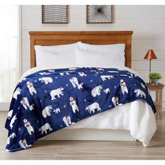 Great Bay Home Velvet Plush Fleece Holiday Printed Warm and Cozy Bed Blanket (Twin, Navy Polar Bears)