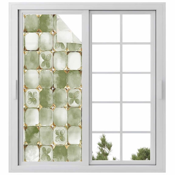 Sage Green Geometric Window Privacy Film, Modern Abstract Art Botanical Static Cling UV Sun Blocking Heat Control Window Tint Day and Night, Non-Adhesive One Way Windows Privacy Cover 23.6''x59''