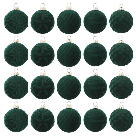 2.36" Flocked Xmas Ball Set, 25 Pieces Green Velvet Shatterproof Baubles, Plastic Decorations for Holiday Parties & Christmas Tree