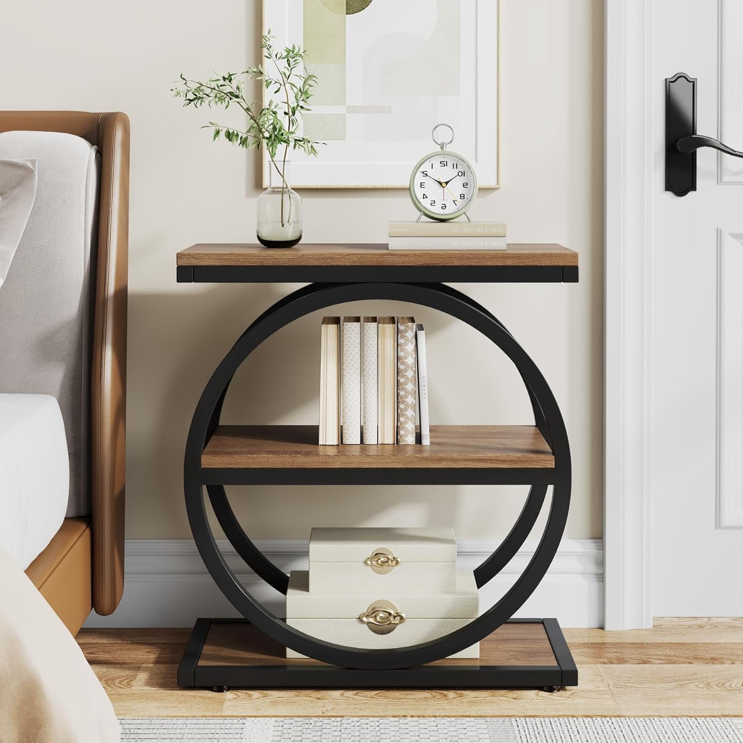 Tribesigns End Table, Wood Side Table with Black Metal Frames, Narrow End Table with 3 Storage Shelves for Living Room