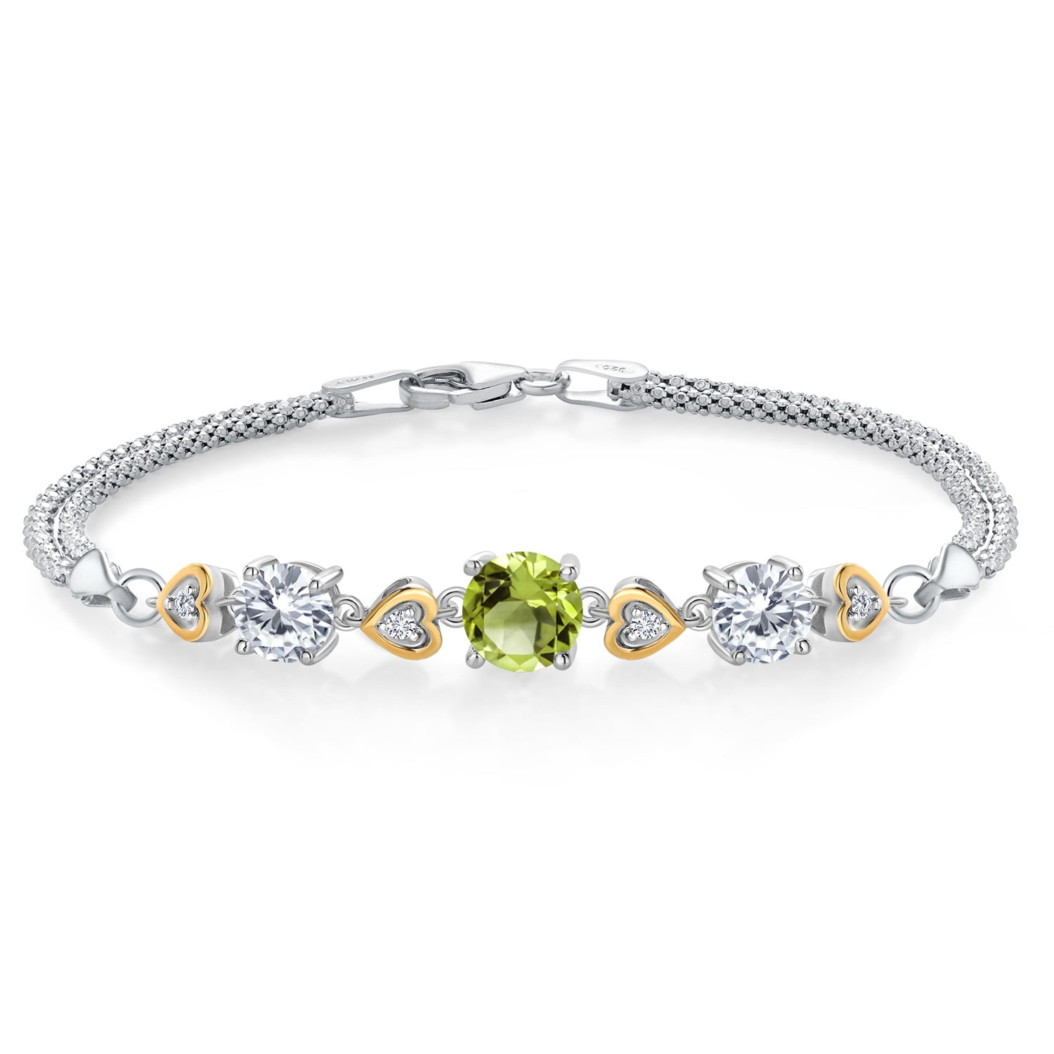 Gem Stone King 925 Sterling Silver and 10k Yellow Gold Green Peridot Moissanite and White Lab Grown Diamond Bracelet for Women (3.13 Cttw, Round 7MM and 6MM, 6.5/7/7.5 inch, Made in Italy)
