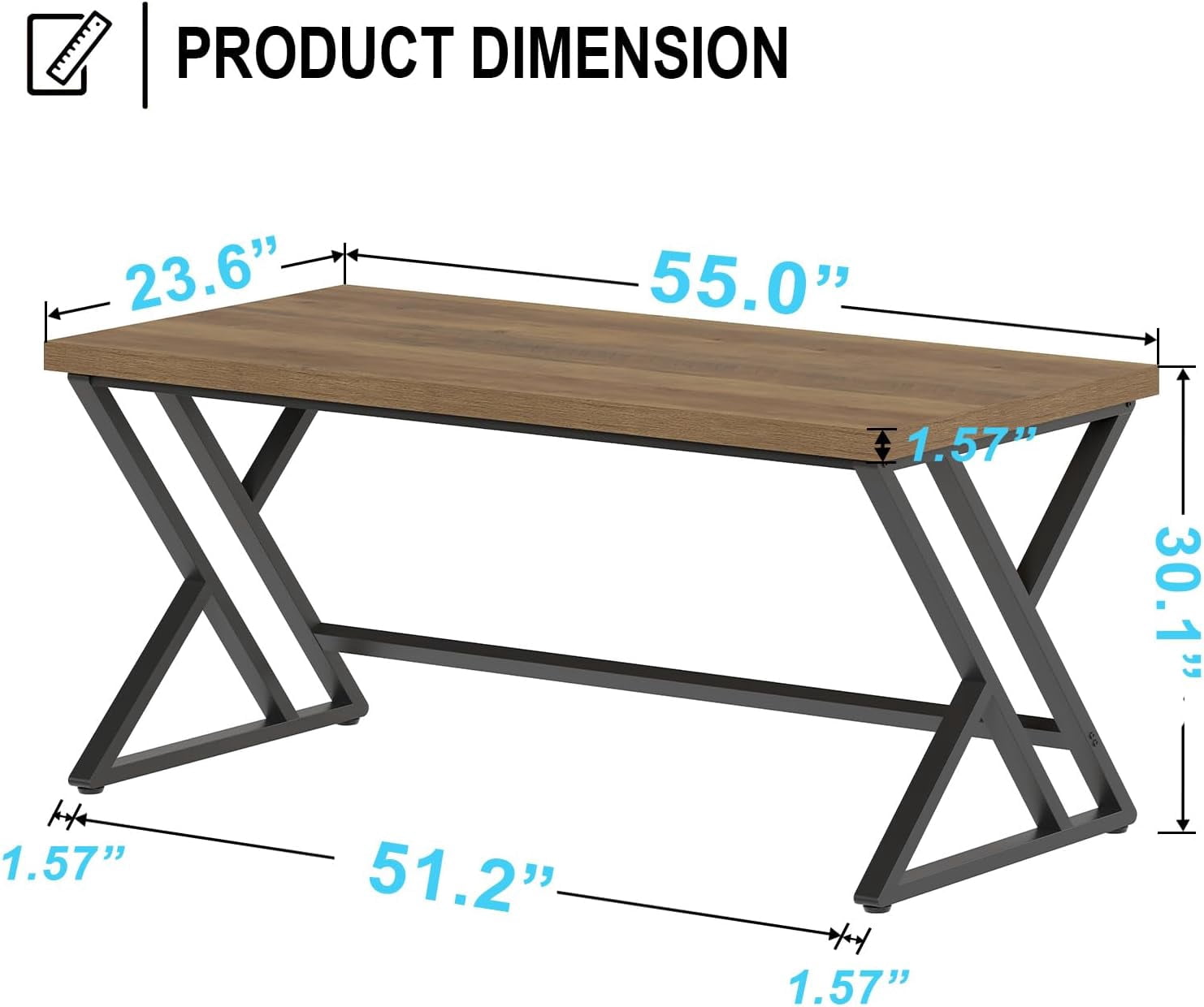 LVB Wood Computer Desk, Rustic Home Office Executive Desk for Bedroom,  Wooden Computer Writing Study Work Gaming Table, Modern Metal PC Student Simple Desk with Storage, 55 Inch, Rustic Oak