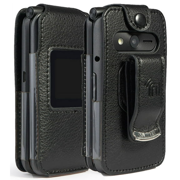Case for eTALK Phone, Nakedcellphone [Black Vegan Leather] Form-Fit Cover with [Built-In Screen Protection] and [Metal Belt Clip] for Kazuna/Freetel Verizon eTALK Flip Phone