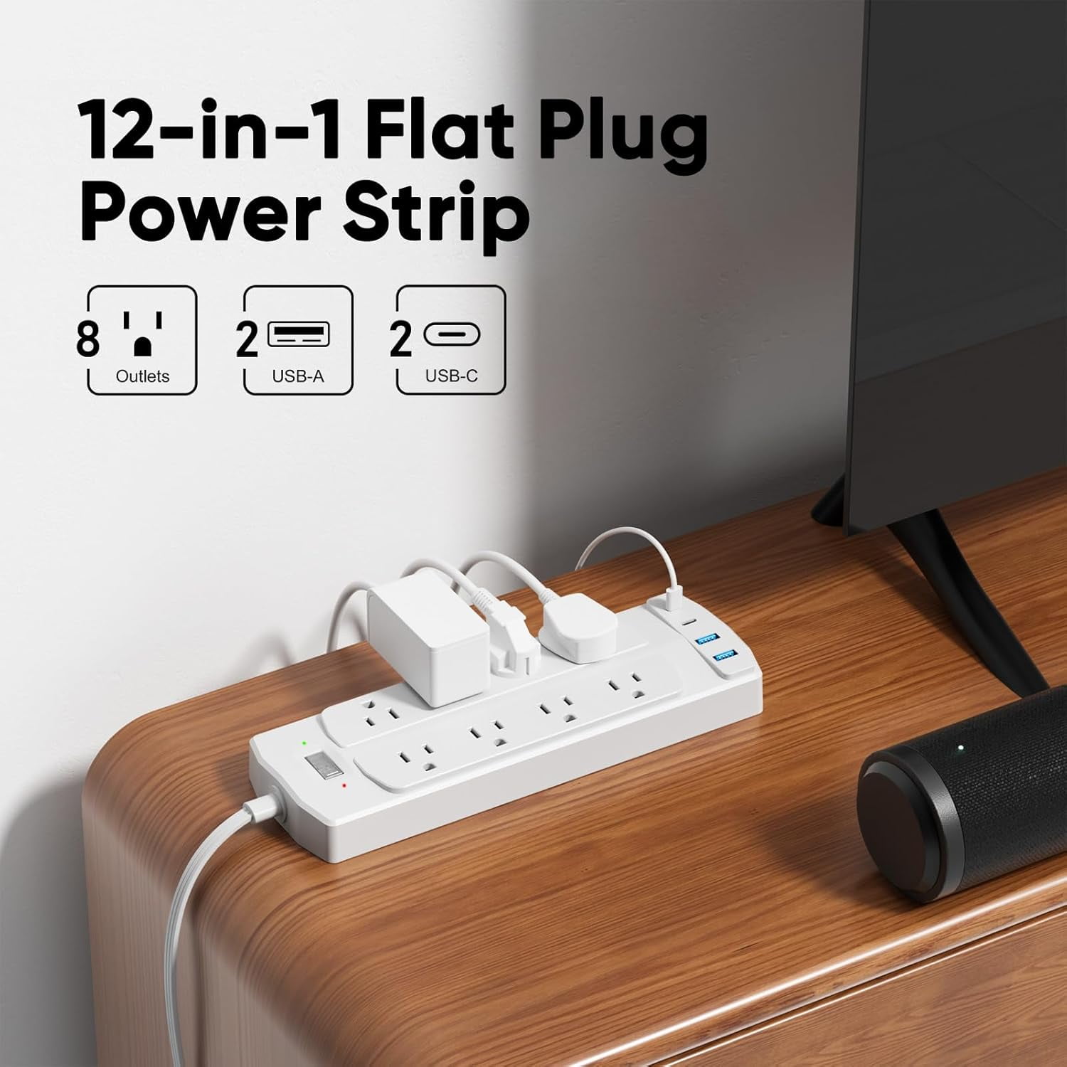 Surge Protector , Flat Plug Extension Cord with 8 AC Outlets & 4 USB Ports (2 USB-C), 5 FT Power Cord, 1200 Joules, Wall Mount, Desk Charging Station for Home Office, White