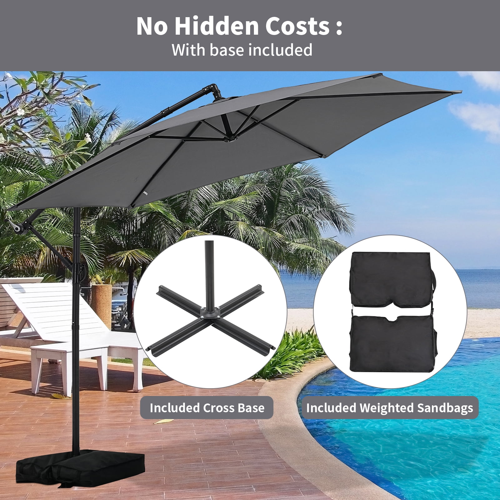 Autlaycil 10FT Cantilever Patio Umbrella, Hanging Offset Umbrella with Umbrella Stand - Gray