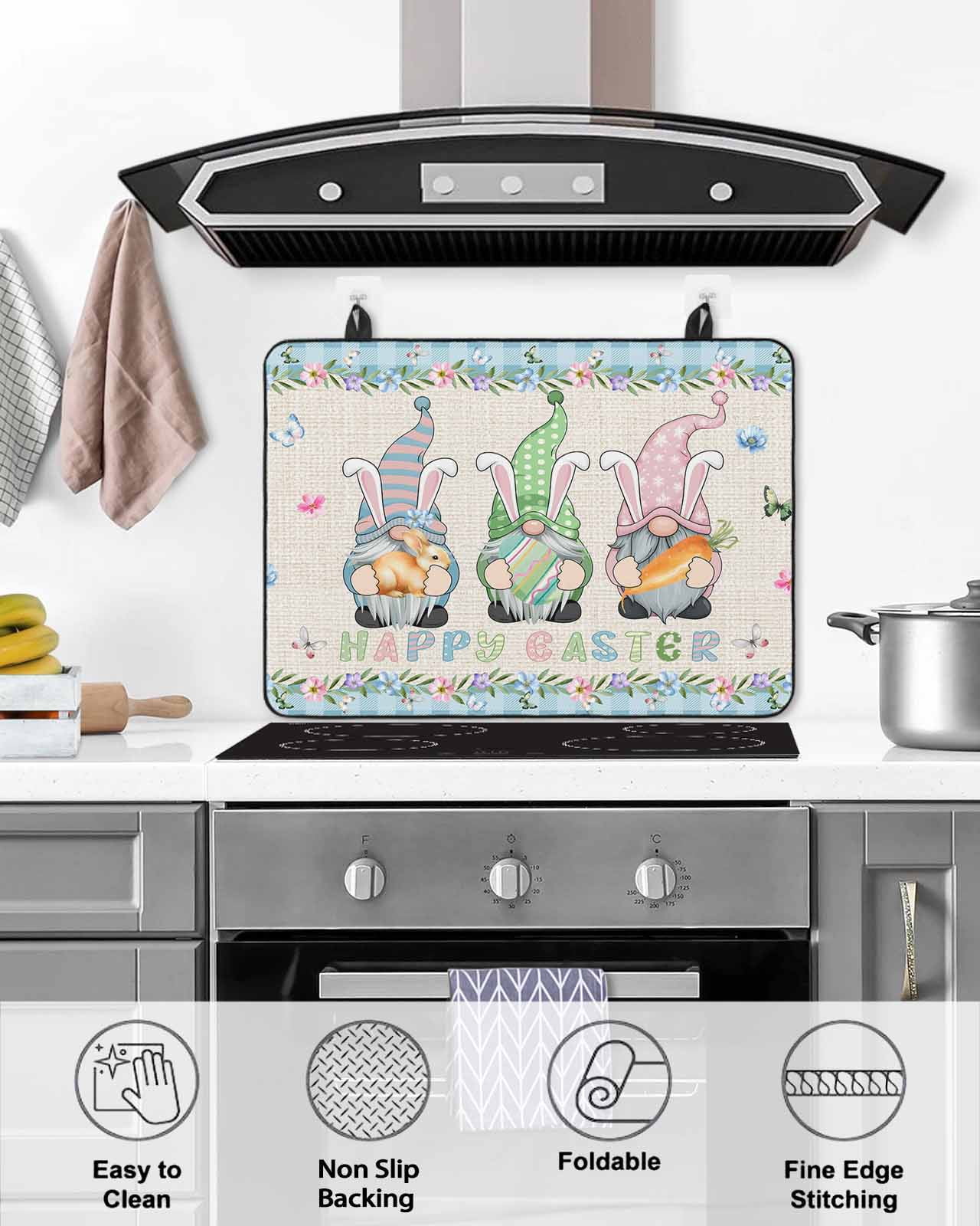 Large Induction Cooktop Protector Mat Easter Stove Top Covers for Electric Stove, Spring Gnomes Flowers Rabbit Eggs Blue Check Decorative Stove Burner Cover Mats, Glass Top Stove Cover