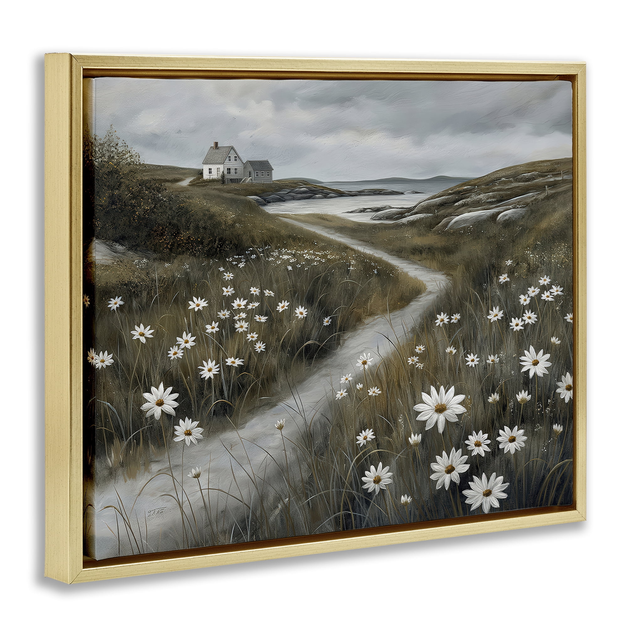 Stupell Industries Daisies Along Coastal Path Gold Framed Floater Canvas Wall Art, design by Imagine It Images