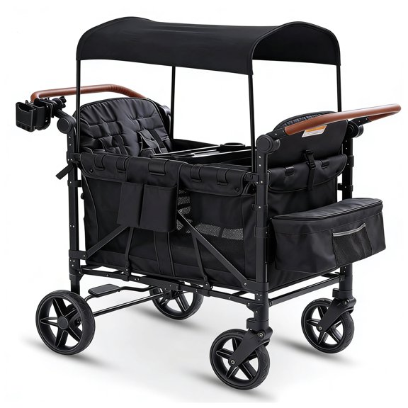 4 Seater Stroller Wagon for 4 Kids, Cuoote Kids Wagon Stroller with Large Storage Bag, Adjustable Canopy, Foldable Toddlers Wagon