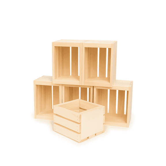 Set of 6 Small Wooden Crates, Natural Basswood Storage and Display Boxes, 7" x 5-5/8" x 5-3/8" Each
