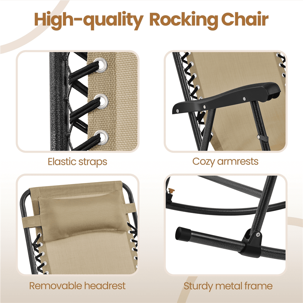 Alden Design 26in Foldable Rocking Lounge Chair with Cupholder/Pillow for Patio, Beige