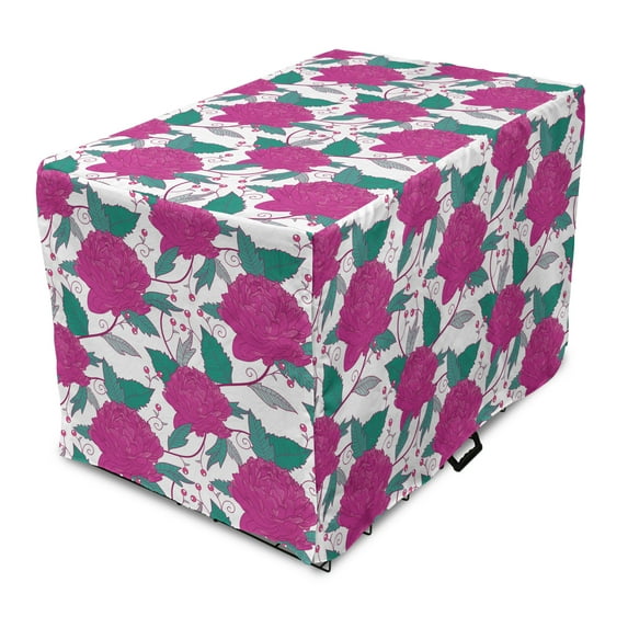 Floral Dog Crate Cover, Detailed Flower Twig Berries Veined Leaves Print on Plain Background, Easy to Use Pet Kennel Cover Small Dogs Puppies Kittens, 7 Sizes, Purple and Jade Green, by Ambesonne