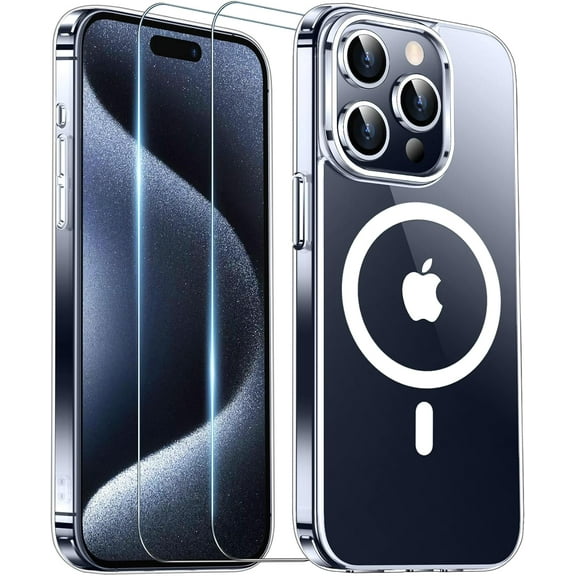 Magnetic Clear Case Designed for Apple iPhone 15 Pro Max Clear Magnetic Case with 2 Tempered Glass, Shockproof Transparent Magnetic Crystal Clear Case for Apple iPhone 15 Pro Max
