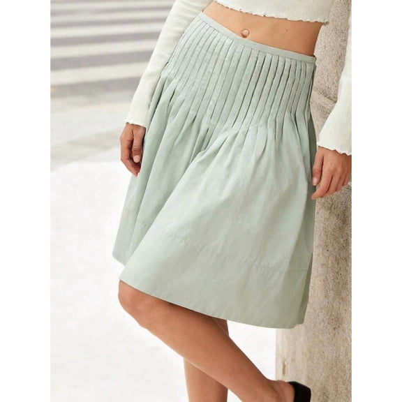 Green Pleated High-Waist A-Line Midi Skirt For Women