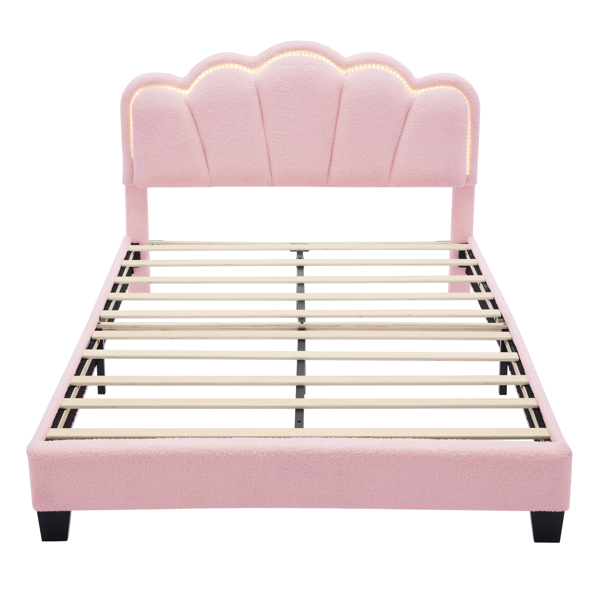 Euroco Upholstery Full Size Platform Bed with Flower-Shaped Headboard and LED Light for Kids Bedroom