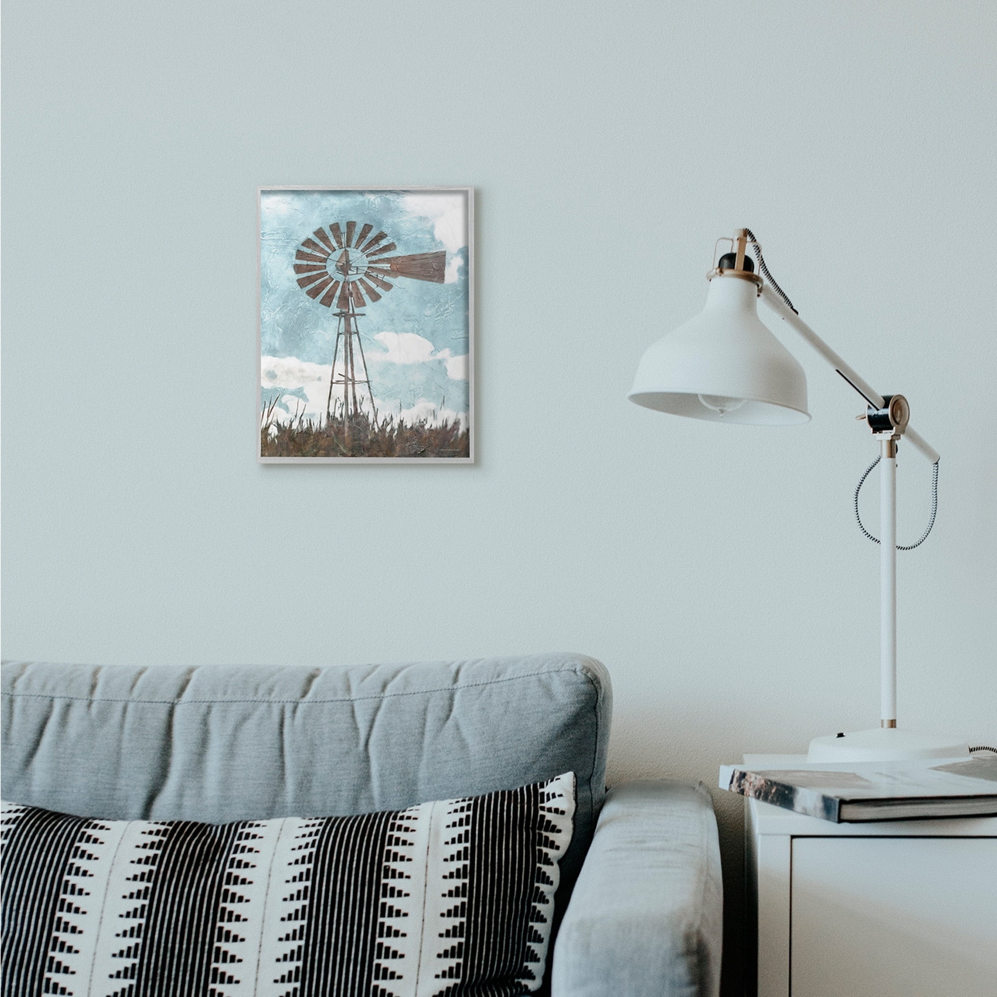 Stupell Industries Farm Windmill Blue Brown Painting Gray Framed Art Print Wall Art, 11x14, by Bluebird Barn