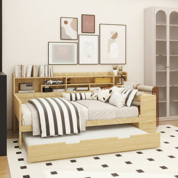 Wooden Twin Size Daybed with Storage Shelves, Multi-functional Bed with Twin Size Trundle Bed and Study Desk, Natural