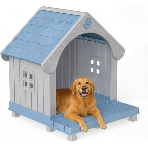 Outdoor Pet House with Elevated Platform, Weatherproof Plastic Pet Shelter for Medium Pets