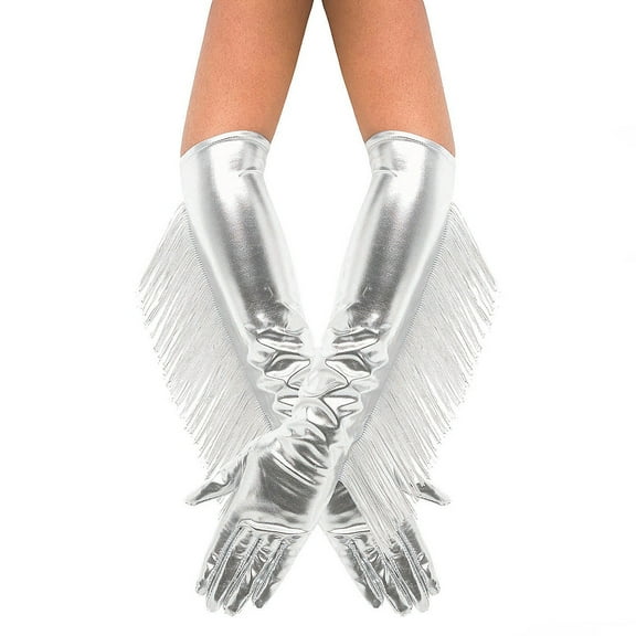 Fun World Adult General Sizing Metallic Silver Fringe Long Halloween Costume Gloves - Silver One Size