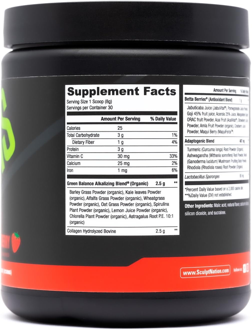 Sculpt Nation Greens Powder Superfood Blend Strawberry Flavor with Collagen 30 Servings 8.4305 Ounce