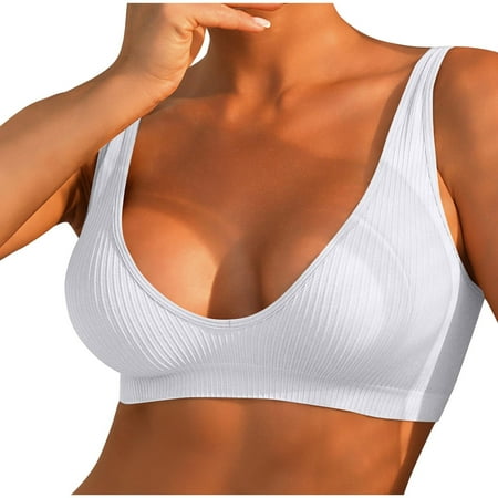 Plunge Ribbed Stretch Bras for Woman V Neck Seamless Wirefree Bra Sexy Sports Workout Bra